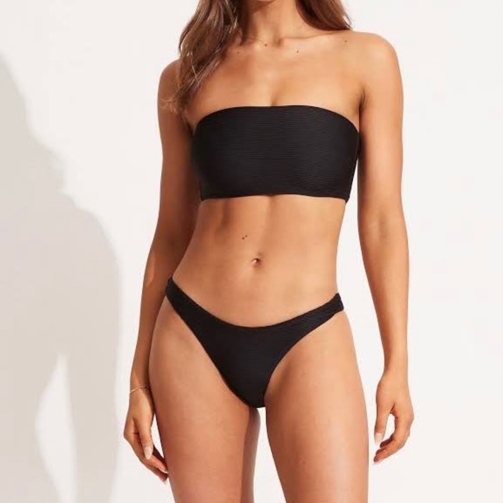 Seafolly High Cut Bikini and Bandeau Bikini Top Size 12 Black Ribbed